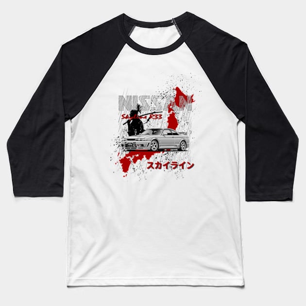 Nissan Skyline R33 GTR with samurai and Japan map JDM Car Baseball T-Shirt by T-JD